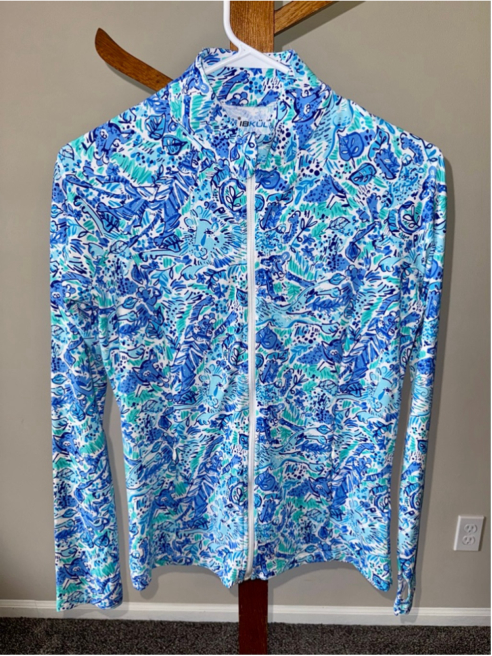 Women's IBKUL Long Sleeve Tee S Blue Teal Floral Full Zip